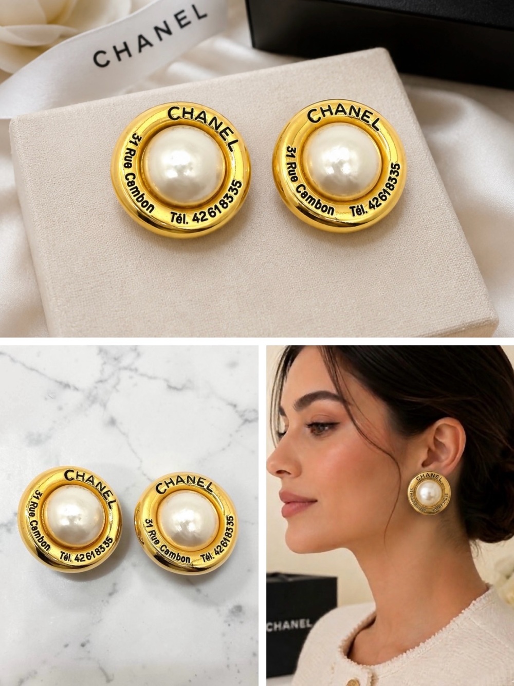 CHANEL Vintage 1993 Rue Cambon Faux Pearl Clip-On Earrings - Picture 3 of 9